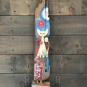 hand painted siamese cat on long tall piece of driftwood