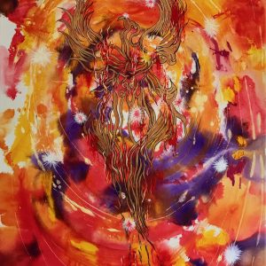 Gold phoenix on a fiery background