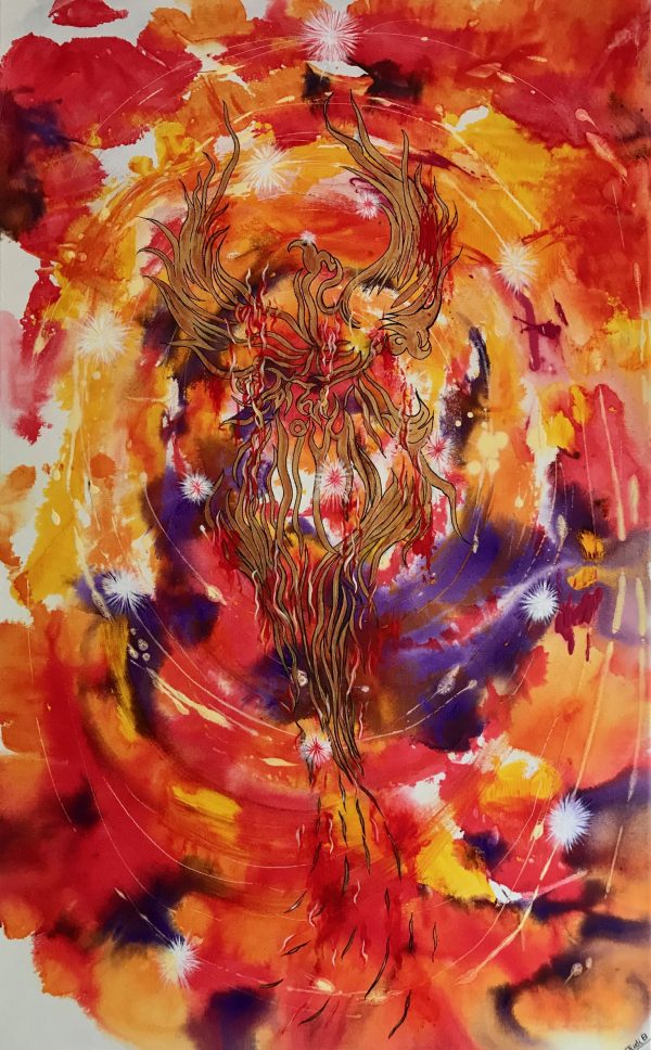 Gold phoenix on a fiery background