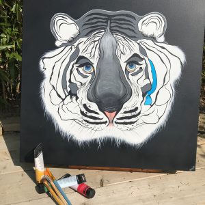 monochromatic black and white tiger on black background